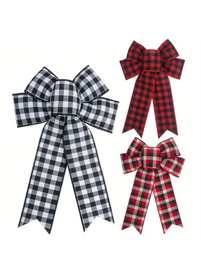 3pcs Assorted Color Checkered Fabric Bows For Holiday Decoration Christmas Halloween Thanksgiving - Image 1